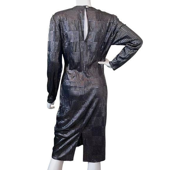 Vtg 80s Frances La Vie Italy Metallic Checkered Lame Bow Evening Dress Silver 10 - Picture 2 of 8